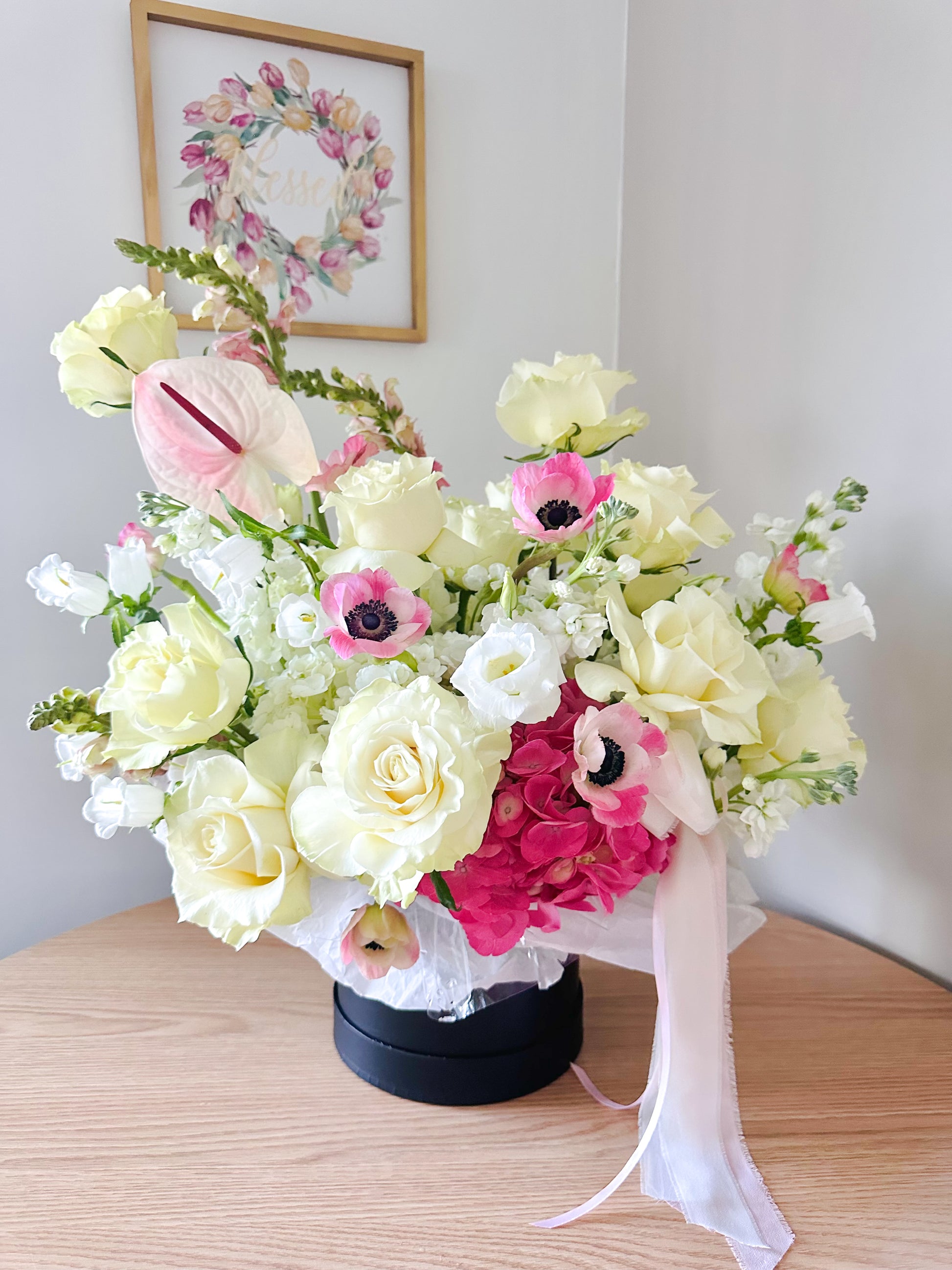 Luxury flower box with pink and white anemones – Same day delivery in Boca Raton and Coral Springs